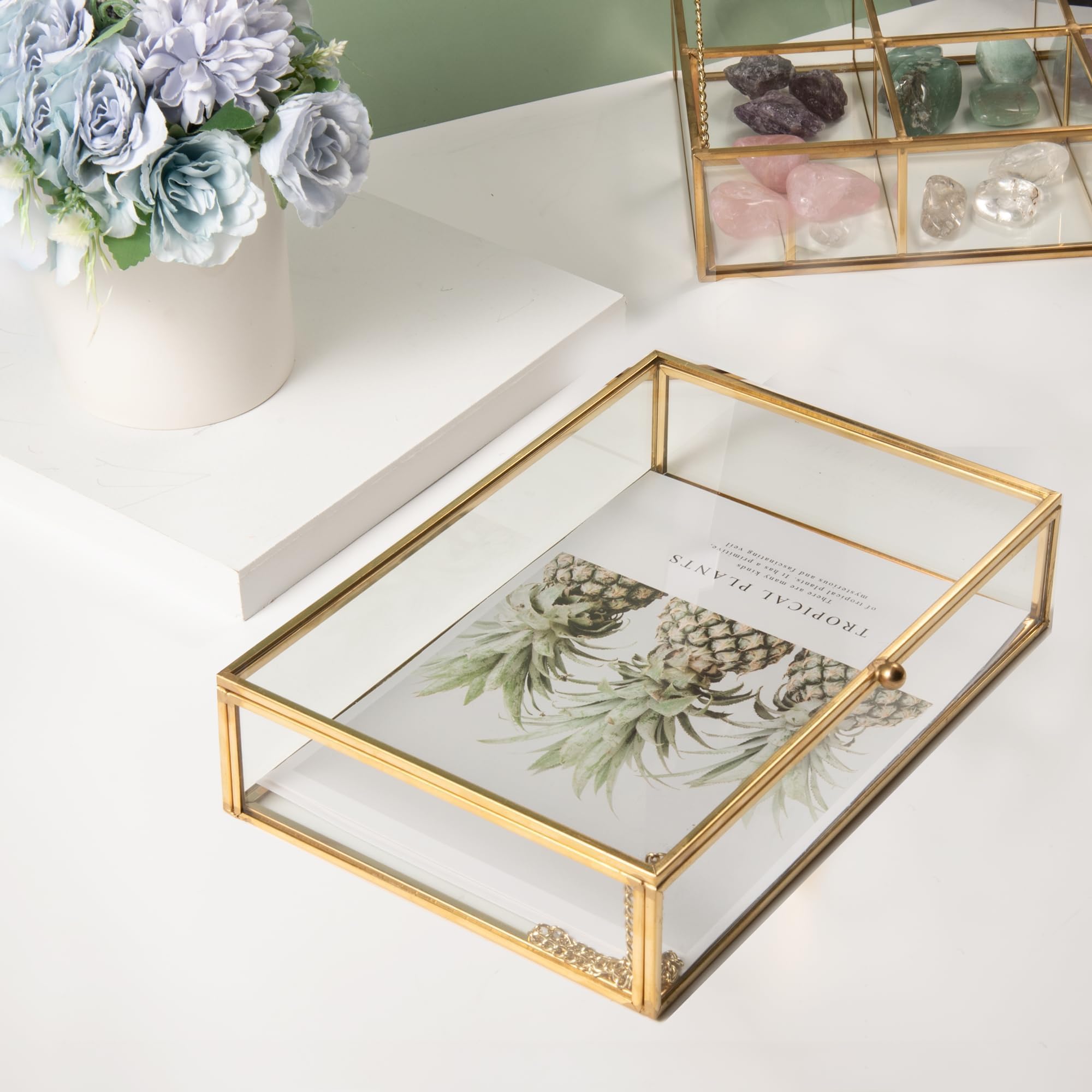Feyarl Gold Glass Jewelry Trinket Box 5 x 7 Photo Cards Shadow Lidded Boxs Organizer Collection Display Case Decorative Keepsake Box for Home Deco (8.66 x 5.9 x 1.96inch) - Image 3