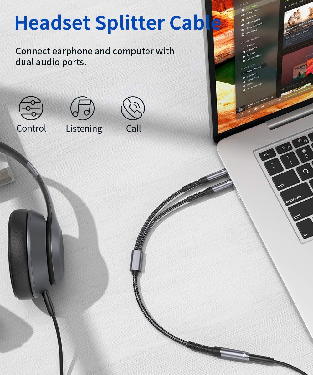JSAUX Headset Splitter Cable for PC, 3.5mm Headphone Splitter Mic and Audio Y Splitter Jack, Female to 2 Male Adapter for Game-Grey