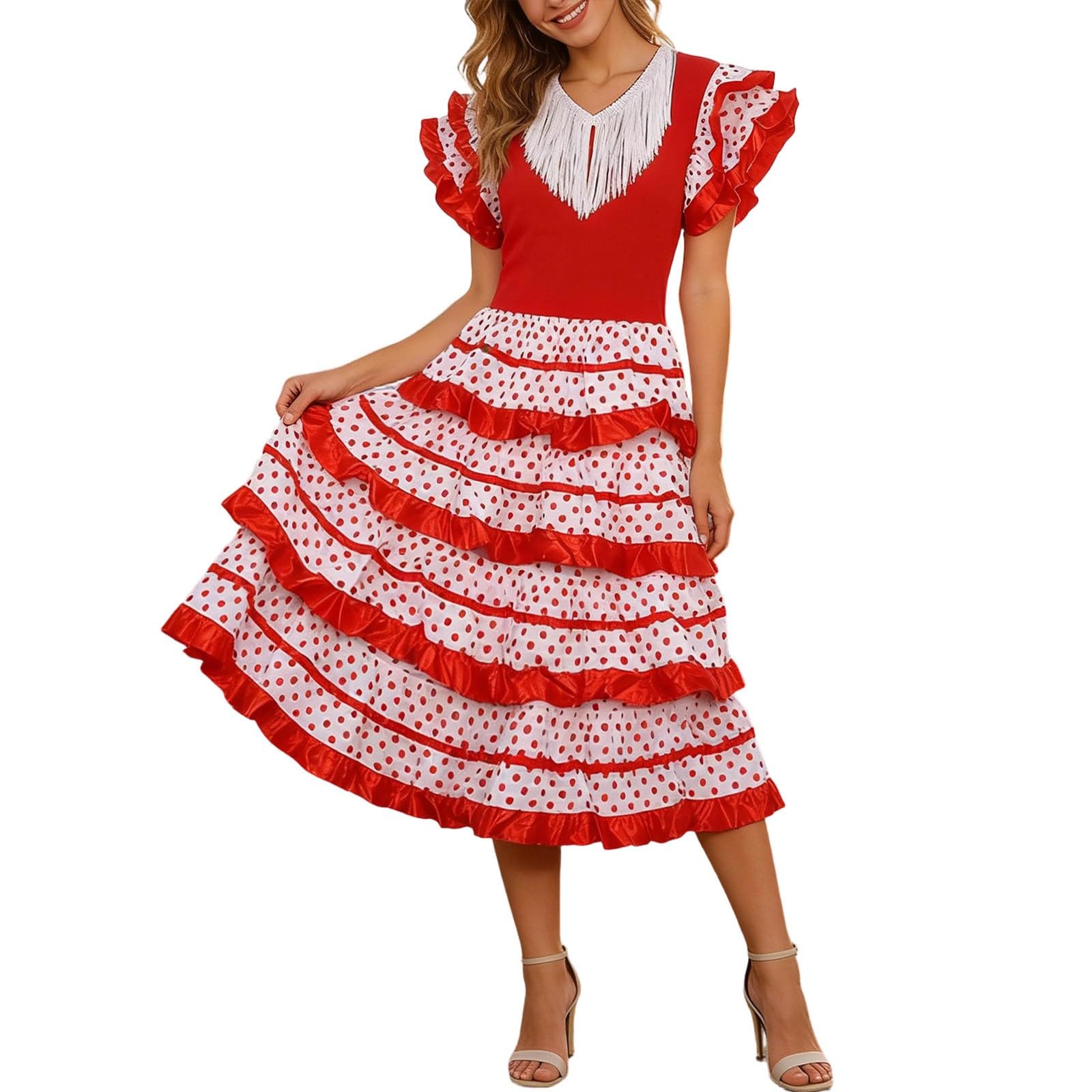 Generic Spanish Flamenco Dress Women's Elegant Flamenco Costume V-Neck Short Sleeve Party Dress Midi Dresses with Ruffle Trim Retro Polka Dots Dancer Dresses Dance Dress for Carnival Theme Party