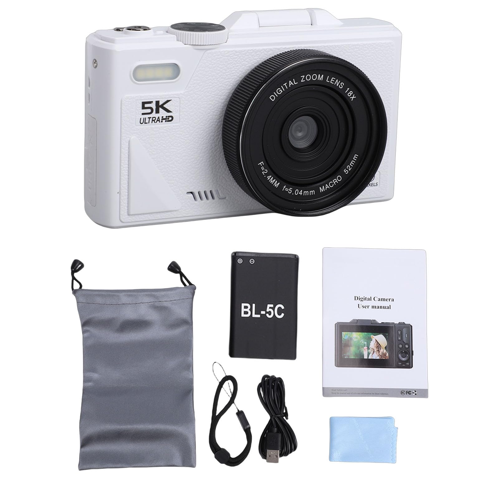 Tangxi Fotocamera Mirrorless 5K, Fotocamera Digitale da 75MP con Zoom Ottico 18X Messa a Fuoco Automatica, per Vlogging con Rilevamento Sorriso Antivibrazioni e Supporto Flip (WHITE)