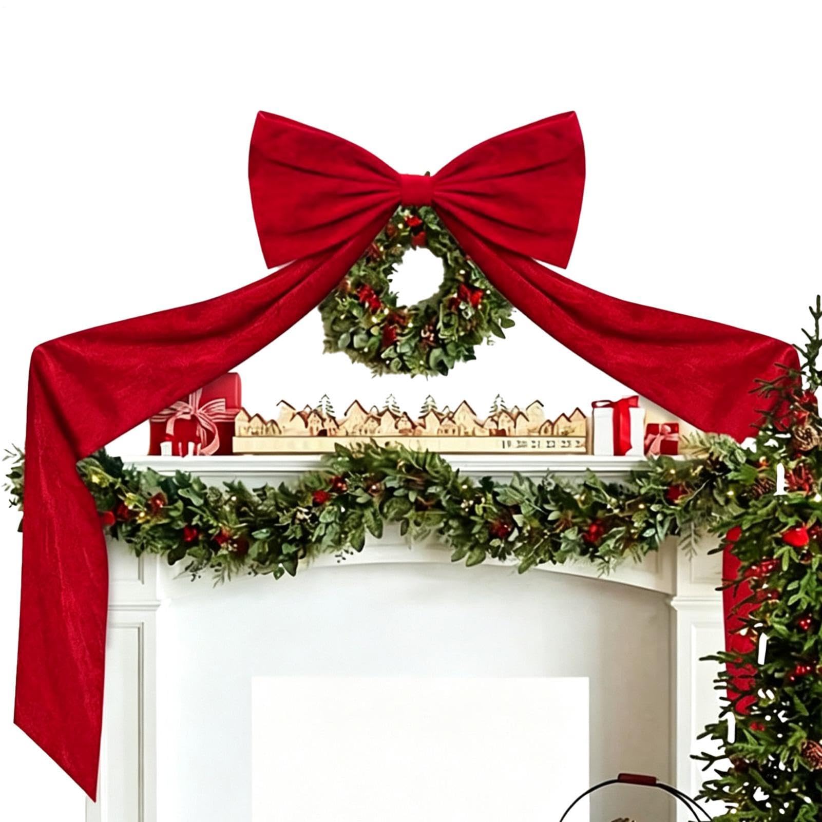 Grand nœud rouge pour sapin de Noël avec longs serpentins | Nœud géant de 50 x 180 cm pour cimier de sapin pour fête, vacances, extérieur, porche, mur, fenêtre, porte d'entrée, salon