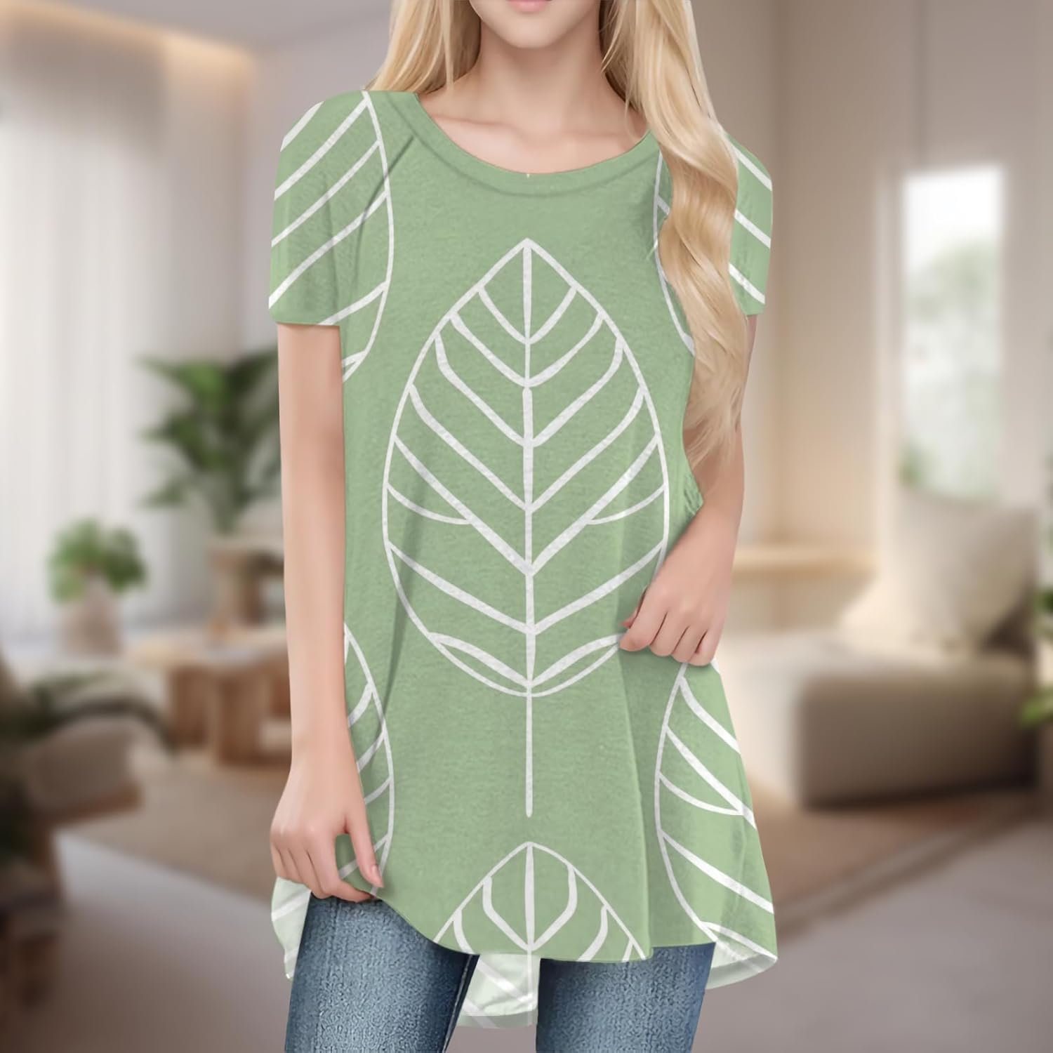 Tunic Tops for Women Casual Crewneck Floral Print Swing T Shirts Trendy Short Sleeve Lightweight Blouse - Image 2