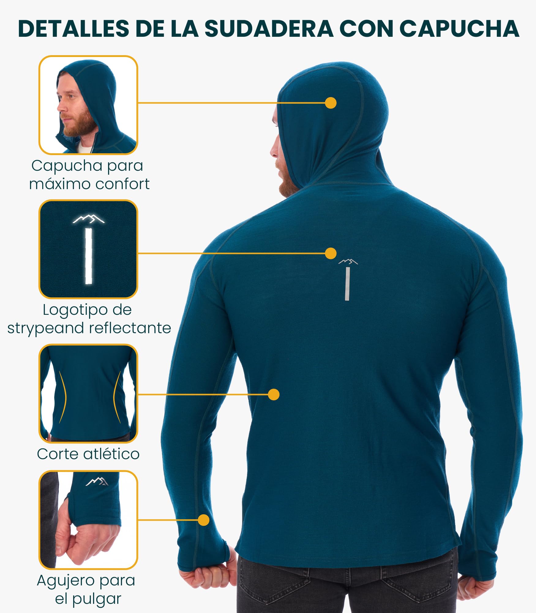 Merino.tech 100% Sudaderas Hombre con Capucha de Lana Merino | Absorbe sudor, capa media ligera para trekking y ocio. No pica, neutraliza olores