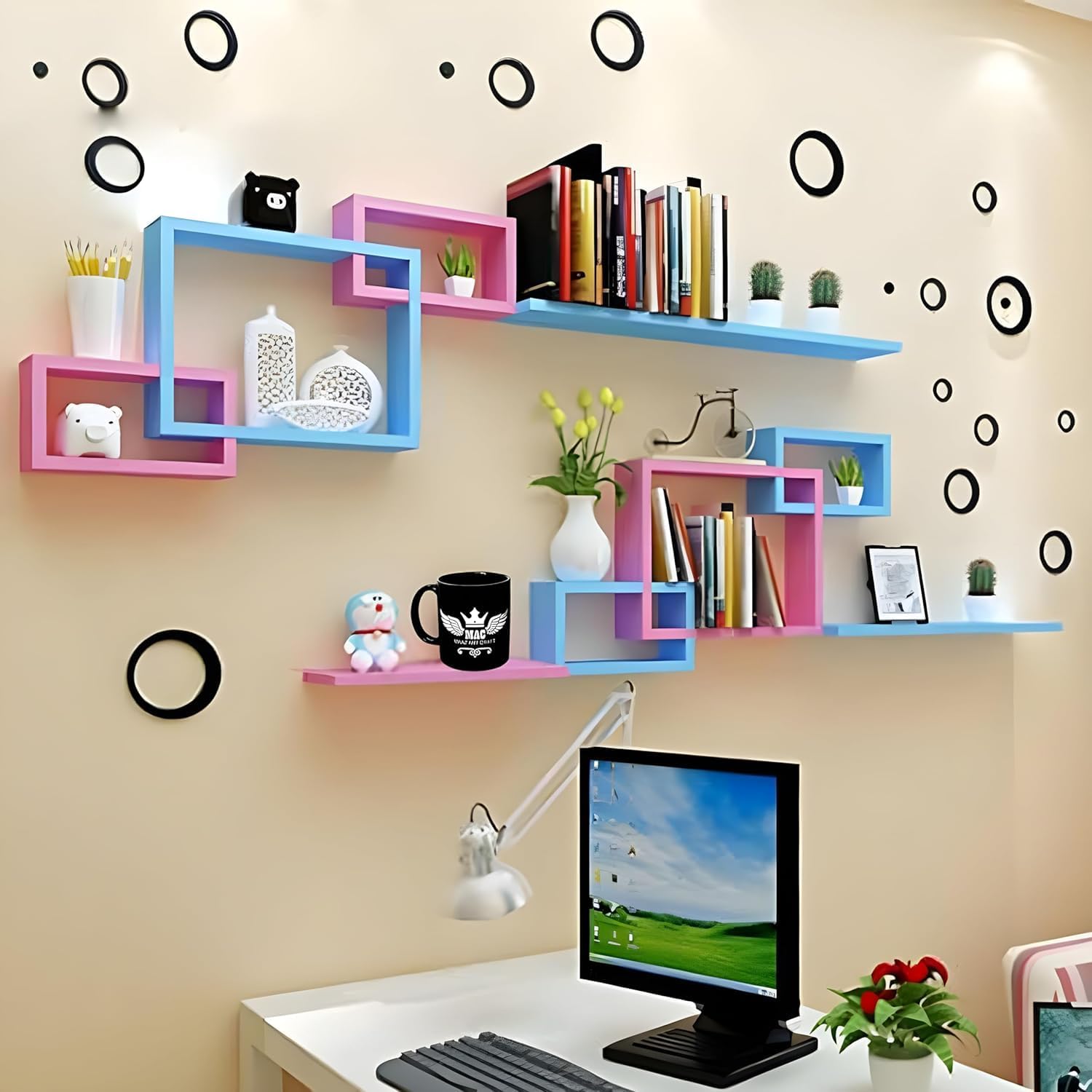 Total Crafts Engineered Wood Painted Floating Wall Mounted Set of 9 Cube with 3 Shelves for Living Room, Bedroom (Pink,Blue)