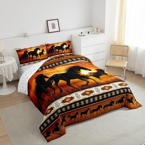 Miniatura 4 de Juego de edredón azteca marrón, juego de ropa de cama con estampado de caballo tribal africano, funda de edredón de animales de granja, colcha de
