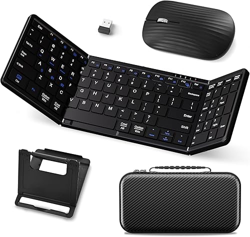 Teclado y mouse plegables, combo de teclado Bluetooth inalámbrico plegable recargable USB-C, teclado y mouse de viaje portátil de tamaño completo