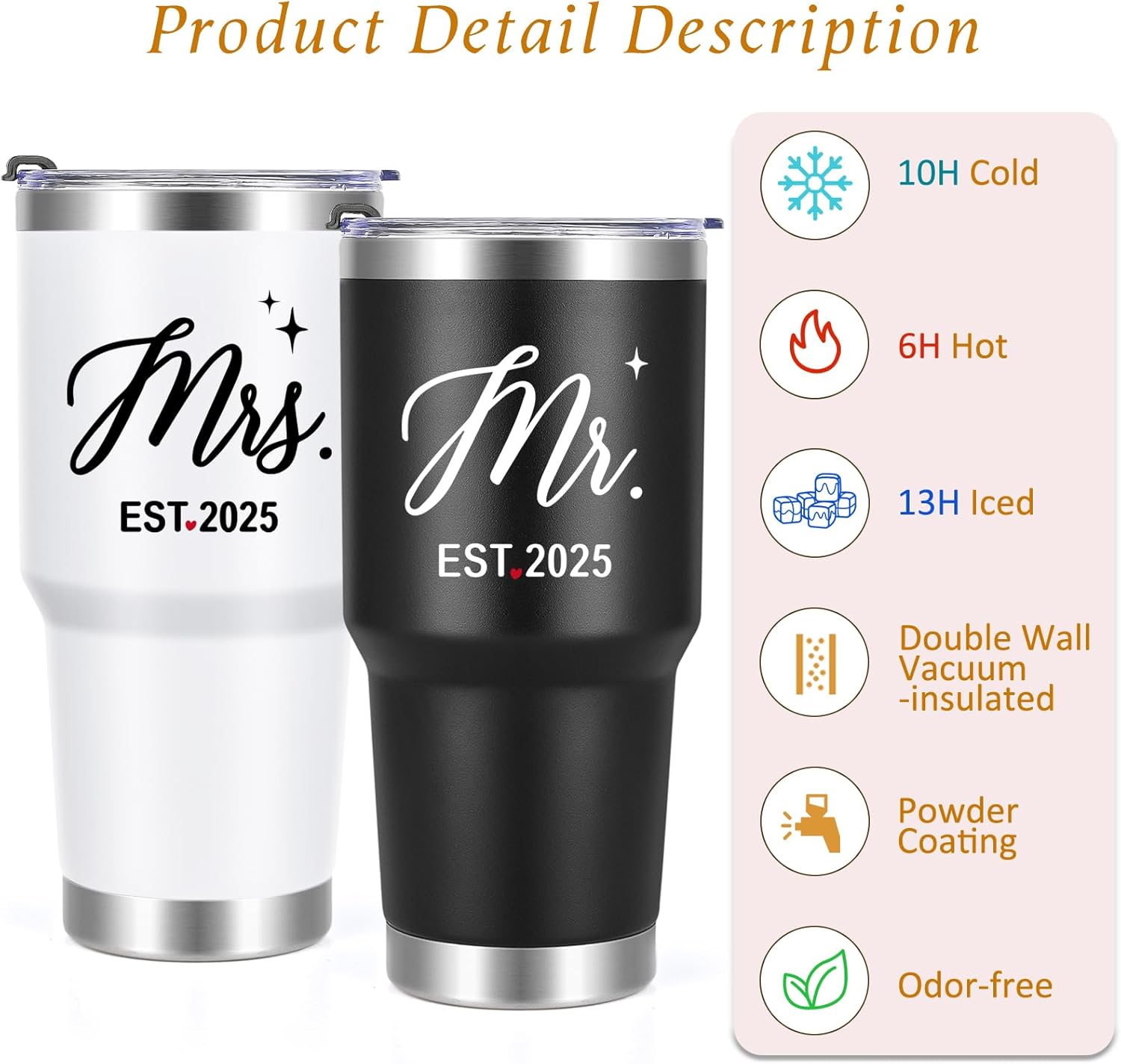 LiqCool Mr & Mrs EST 2025 Tumbler Set - 30oz Black & White Stainless Steel Insulated Mugs - Ideal for Anniversary, Engagement, Wedding Gifts for Couples 2025 - Image 5