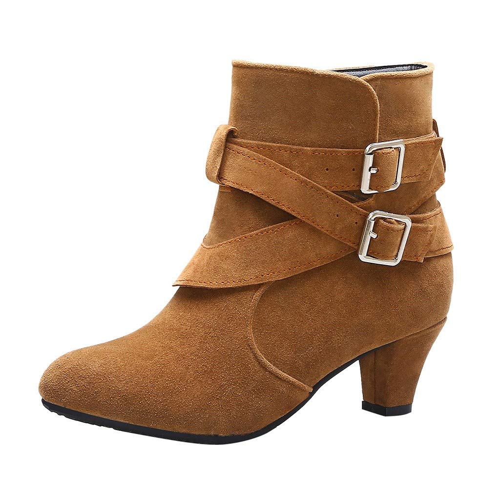 Ladies Suede Ankle Boots,Ladies Casual Double Buckle Strap Boot Sexy Pointy Toe Kitten Heel 5cm Smart Dress Cowboy Booties Casual Shoes