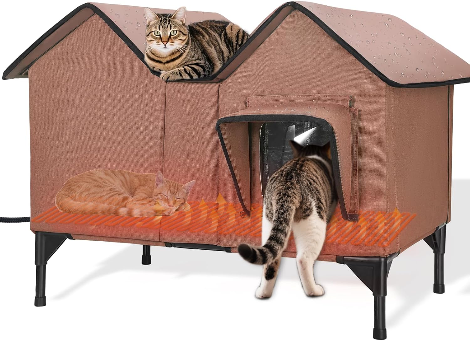 Extra Large Heated Outdoor Cat House Weatherproof, Insulated Outdoor Heated Cat House for Outside with Heater, Elevated Outdoor Feral Cat Shelter for Multiple Cats Small Dogs (Brown, XL)
