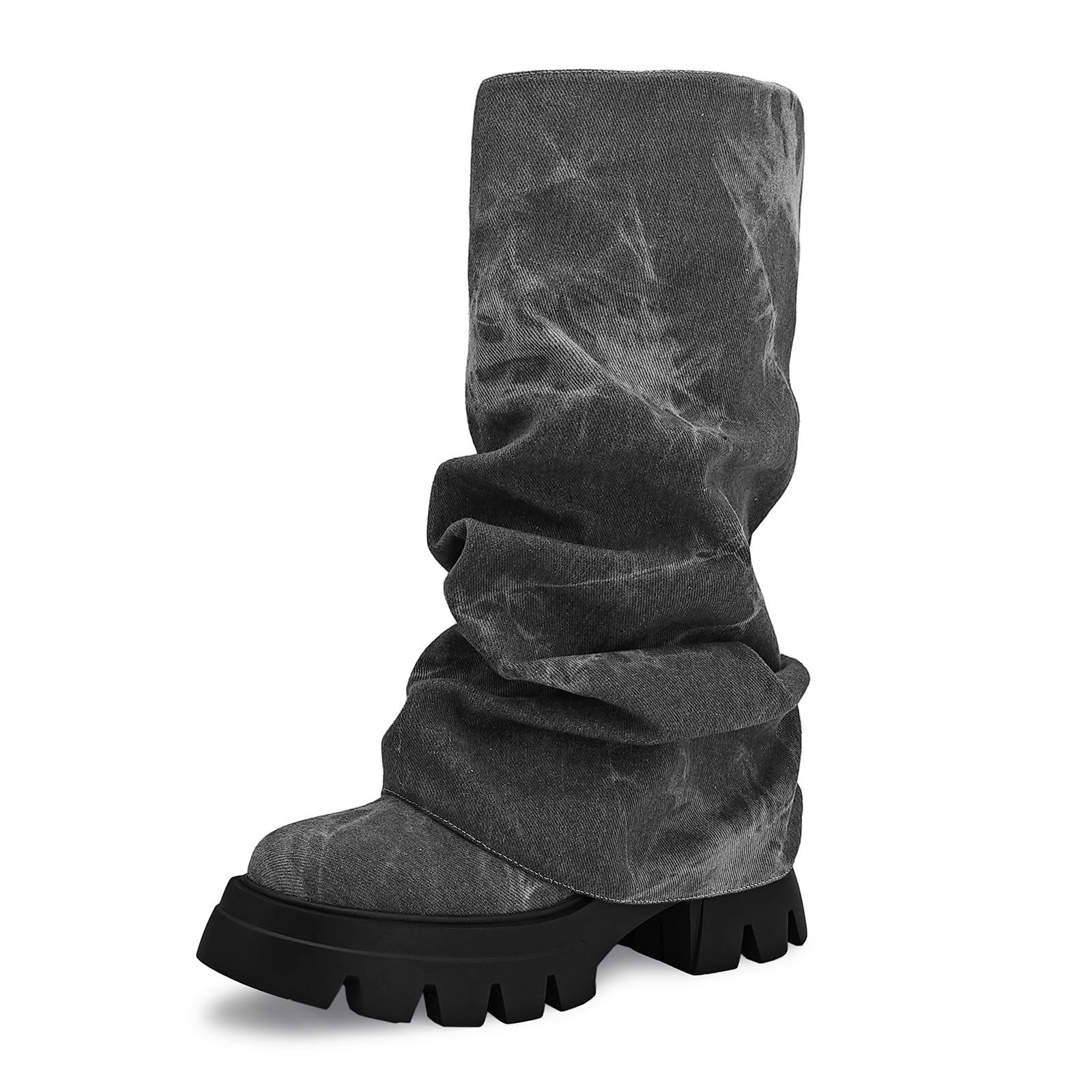 Womens Platform Round Toe Fold Over Mid Calf Boots Chunky Heel Pull-On Fashion Shark Booties for Ladies Party