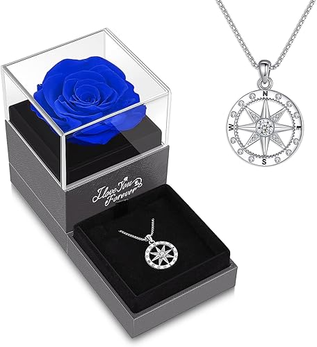 ASELFAD Rosa azul real preservada con collar de brújula, flores eternas, regalos de rosas para novia, esposa, regalos de mujer para Navidad, día de