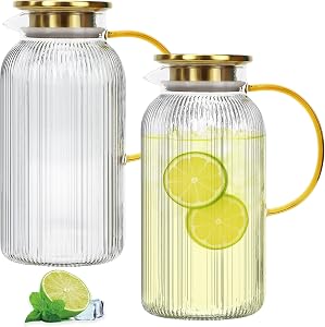 2 Pack Glass Pitcher with Lid, 68 oz/ 2 Liter Classic Vertical Stripes Water Pitcher, Glass Water Carafe for Cold Brew, Coffee, Lemonade, Iced Sun Tea, Beverage, Milk, Heat Resistant