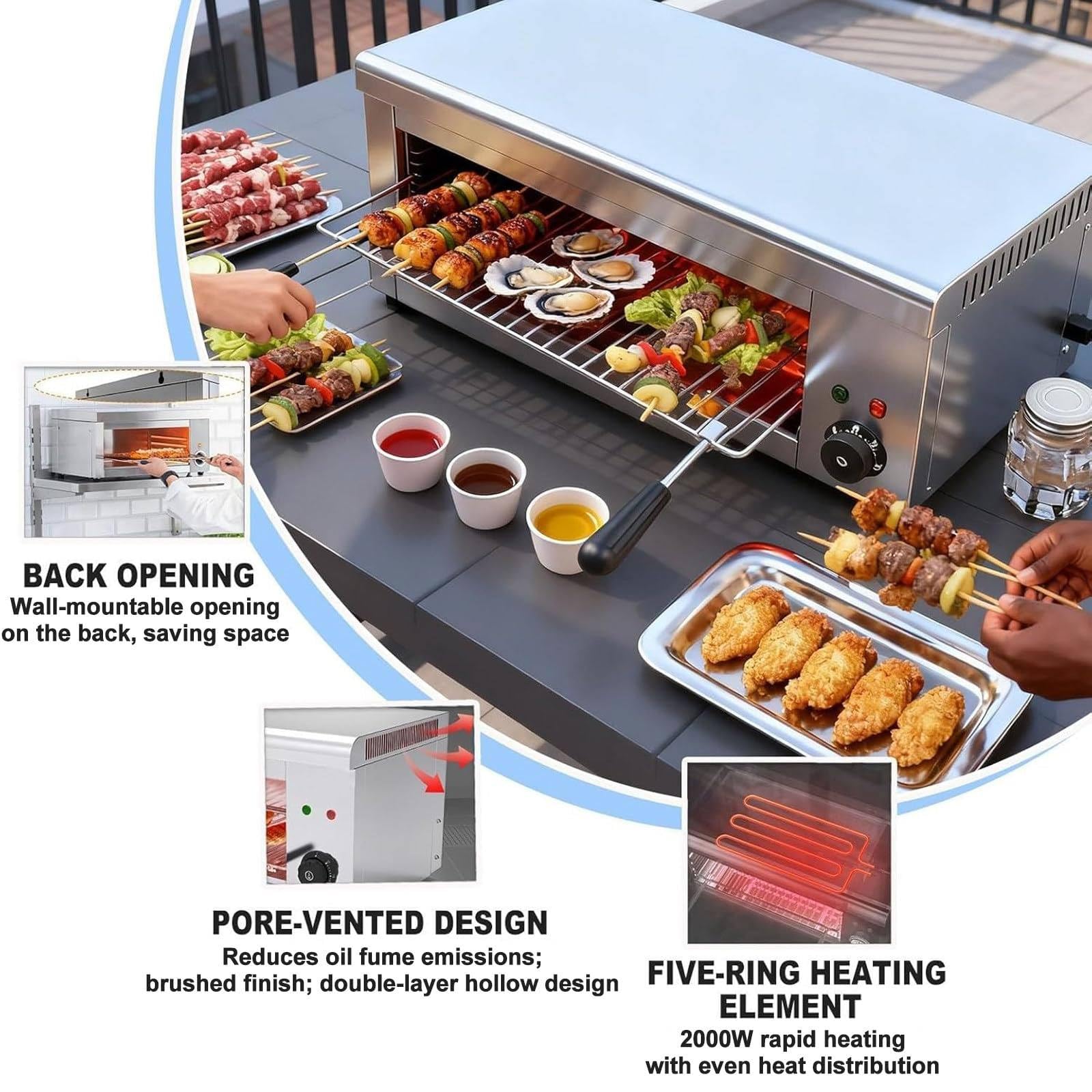 Grill Salamandra Comercial de Sobremesa, Rejilla Ajustable, Fundidor de Queso Eléctrico 2000W, Horno de Acero Inoxidable para Fundir Queso, Tostar Sándwiches, Asar Filetes - 50-300℃