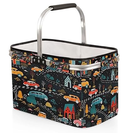 Kizmoglux City Car Tree Collapsible Market Basket, Foldable Picnic Basket - Large Shopping Basket with Handles, Portable Folding Bag for Shopping Camping Picnic