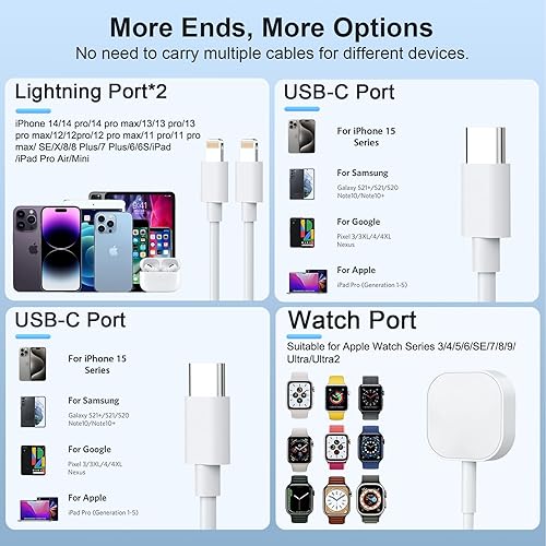 Miniatura 6 de Opluz Cable de carga de reloj y teléfono 4 en 1, cable de carga universal múltiple compatible con iPhone, iWatch, Galaxy, Pixel6 pies, magnético