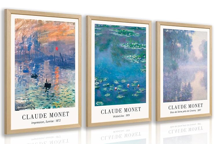 LLEEMPI Claude Monet Water Lilies Wall Art Set of 3, Maritime Sunrise Wall Decor, Vintage Aesthetic Botanical Canvas Prints, Classic Minimalist Poster Prints for Bedroom Office Wood Framed 12x16 Inch