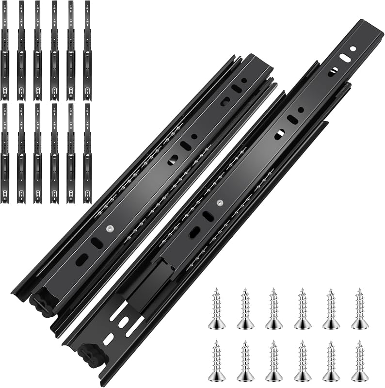 Guías para cajones con rodamiento de bolas de 14 pulgadas, 6 pares (12 piezas) – Capacidad de 100 libras, guías de montaje lateral de extensión completa para gabinetes de cocina, armarios, muebles de oficina (negro 14 pulgadas)