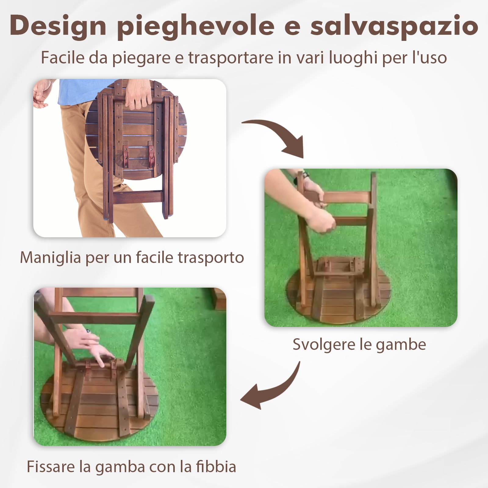 COSTWAY Tavolino Laterale da Giardino in Legno, Tavolino Pieghevole con Piano Traforato e Maniglia Sollevabile, Tavolino da Caffè per Interni ed Esterni con Manico per Casa, Piscina, Patio(Modello 1)