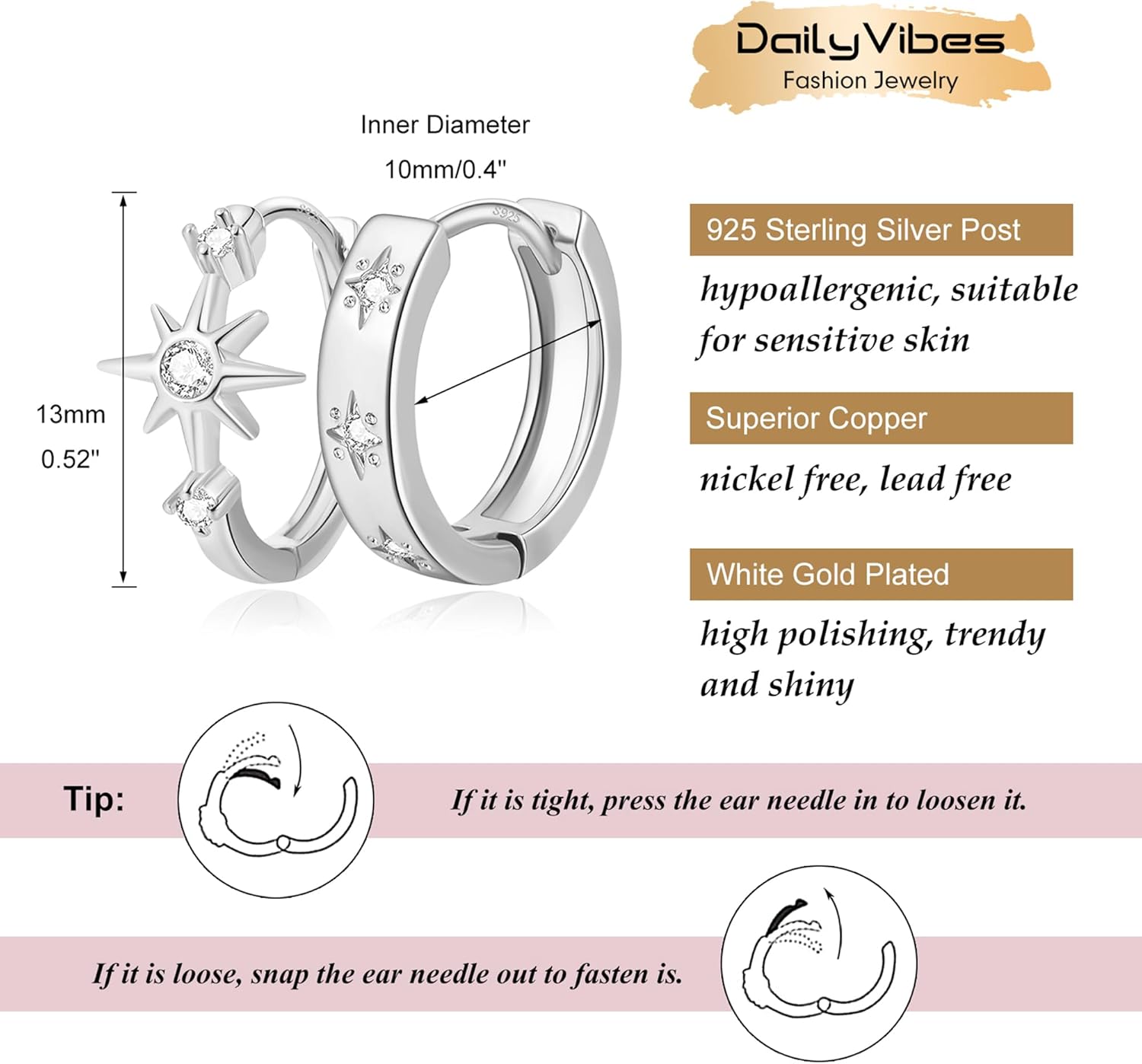 DAILY VIBES Small Star Gold Huggie Earrings for Women 925 Sterling Silver Post Dainty 14K Gold Plated Mini Cubic Zirconia Cartilage Hoop Earrings for Women - Image 5