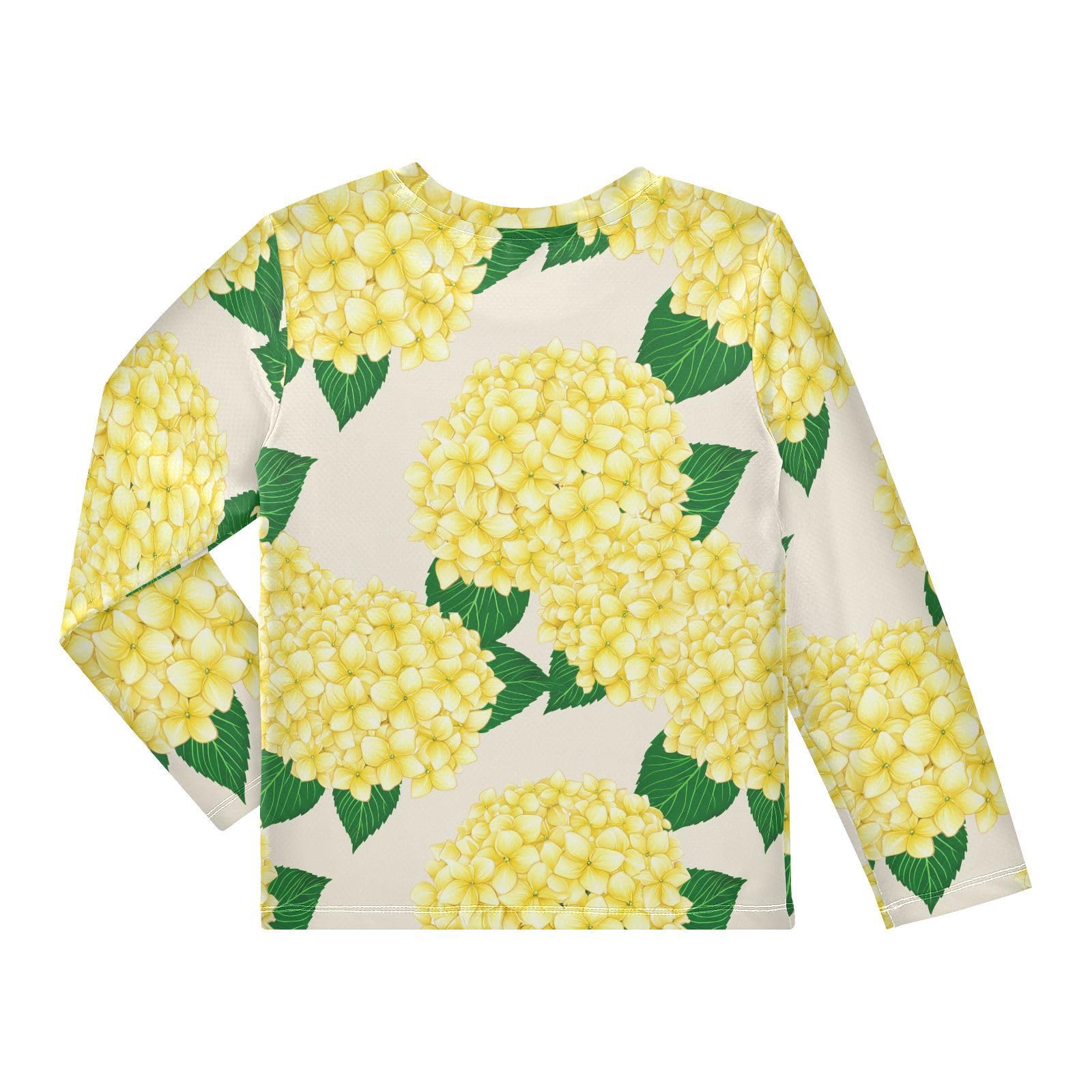 Yellow Hydrangea Flower Leaves Beige Rash Guard Shirt for Boys Sun Protection Shirt for Swimming Pool Beach UPF50+ 5-6T