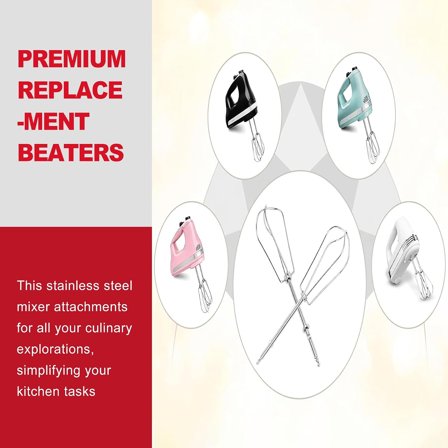 2 Pack Stainless Steel Hand Mixer Beaters, Universal Replacement Attachments for Most Electric Handheld Mixers, Durable Whisk Accessories for Easy Baking, Mixing Eggs, Cream and Dough