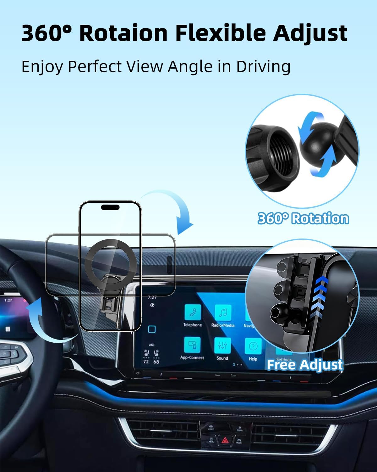 PZK Car Phone Mount for VW/Volkswagen Atlas/Altas Cross Sport 2024 2025 2026 SE/SEL/Premium R-Line/R-Line Accessories 12-inch Screen 360° Rotation Compatible with MagSafe Phone Holder Not Affect Vent