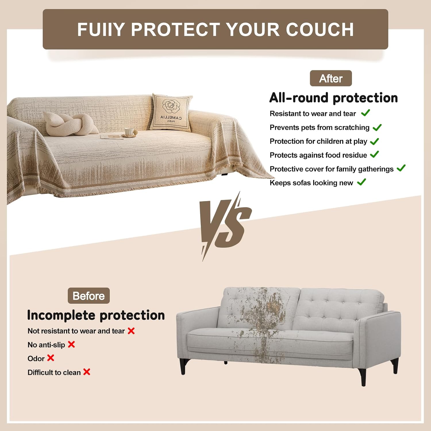 ROOMLIFE Khaki Boho Sofa Couch Cover Blanket for 3 Cushion Couch, Soft Chenille Washable, Furniture Sofa Covers for Pets Protector, Non-Slip Sofa Slipcover for Living Room with Tassels, 71''X150''