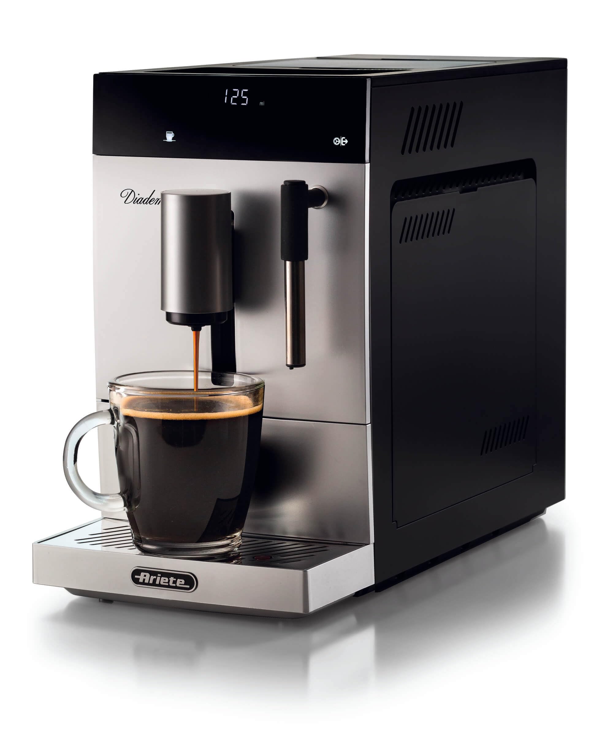 Ariete 1452 Diadema, Macchina da caffè automatica, 1350W, 19 bar di pressione, Per caffè, americano e acqua calda, Dispositivo Cappuccino, Display LED, Erogatore Regolabile, Silver
