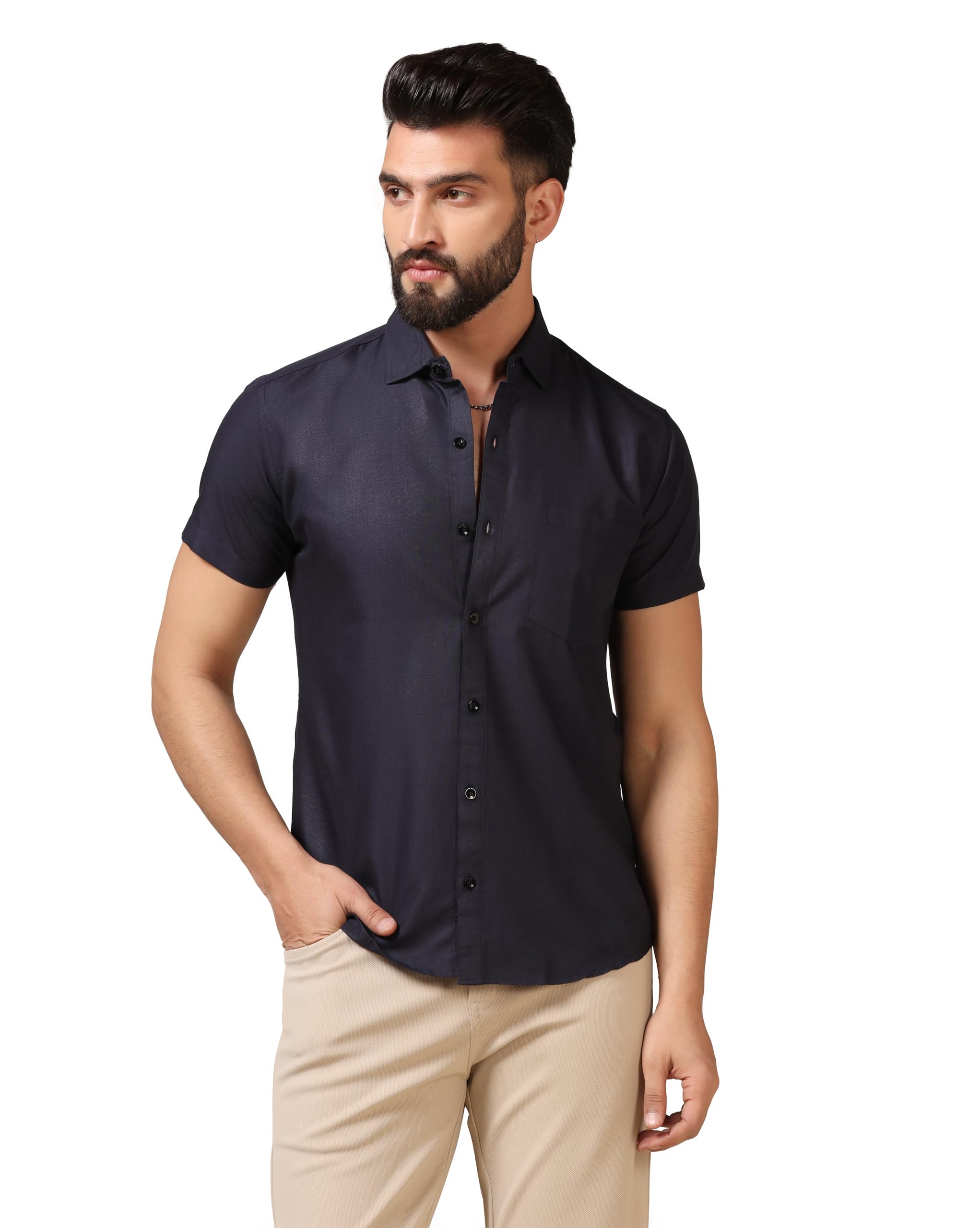 TOPLOT Camicia da uomo casual tinta unita con tasca e colletto divaricato e maniche medie