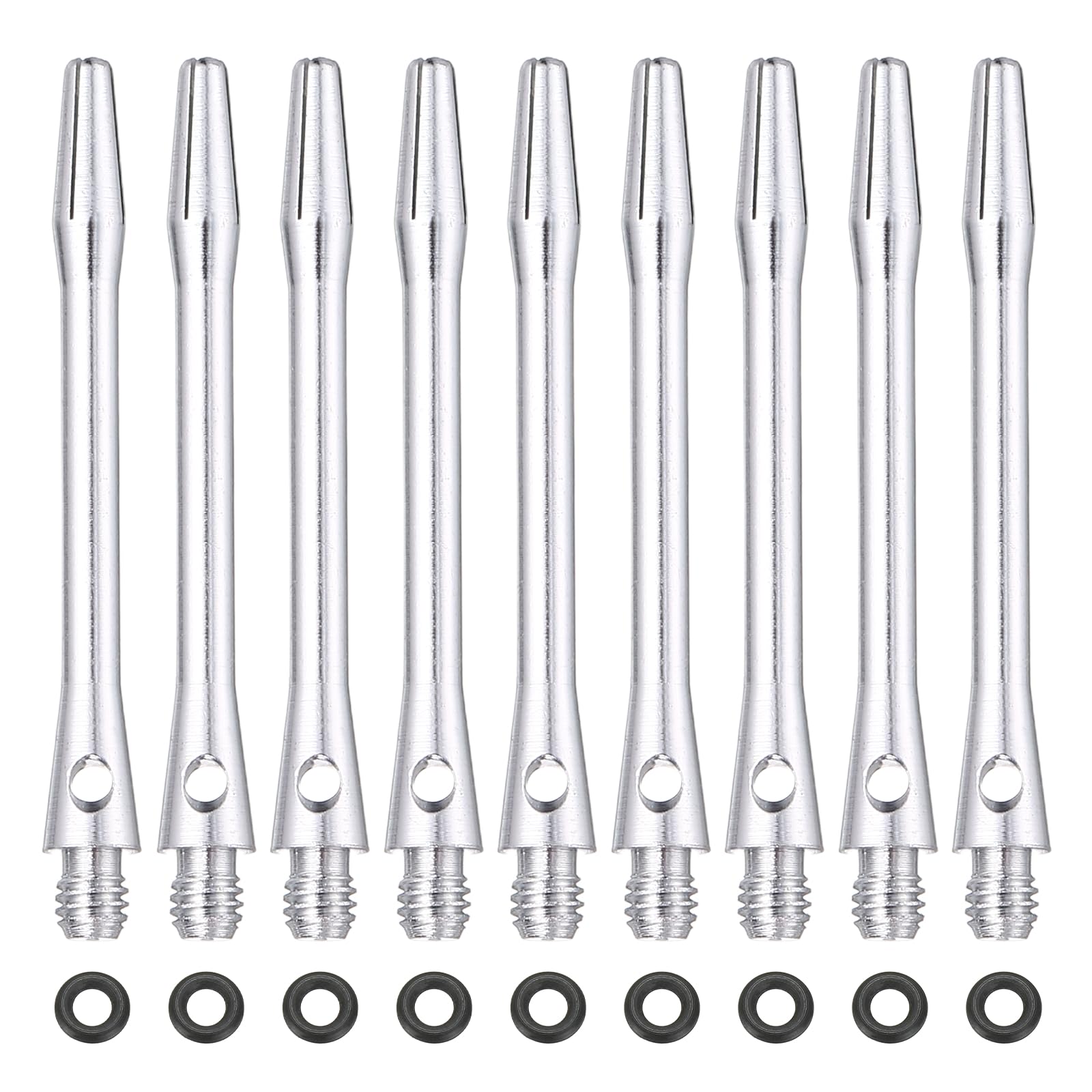 YELARXI Dart Shafts for Steel Tip, Medium 2BA Thread Aluminum Dart Shaft Set with Black Rubber Ring Replacement Accessories For (Darts Training/Sharpener), 48mm & 30 Set & Silver
