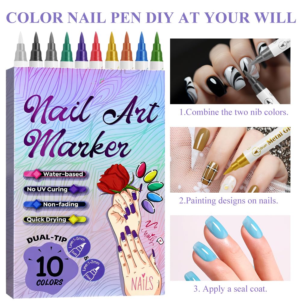 10 colori Penne Per Nail Art Punta, 3D Nail Art Pen, Adatto per il design di nail art fai-da-te, per dipingere e per l'artigianato