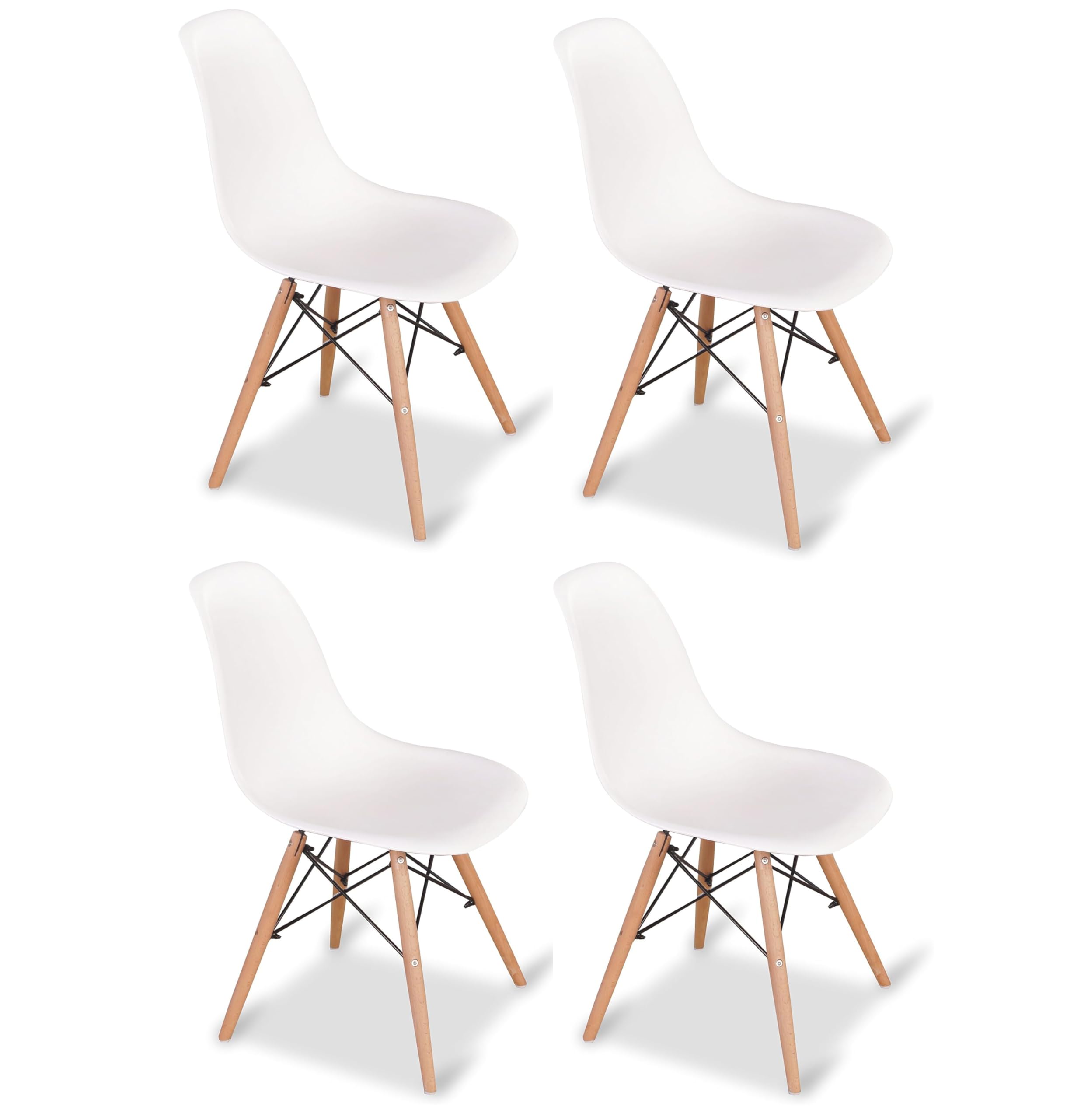 M1C - Pack 4 Sillas de comedor, Sillas de cocina estilo nórdico, Asiento ergonómico de pvc y piernas en madera de pino - Blanco