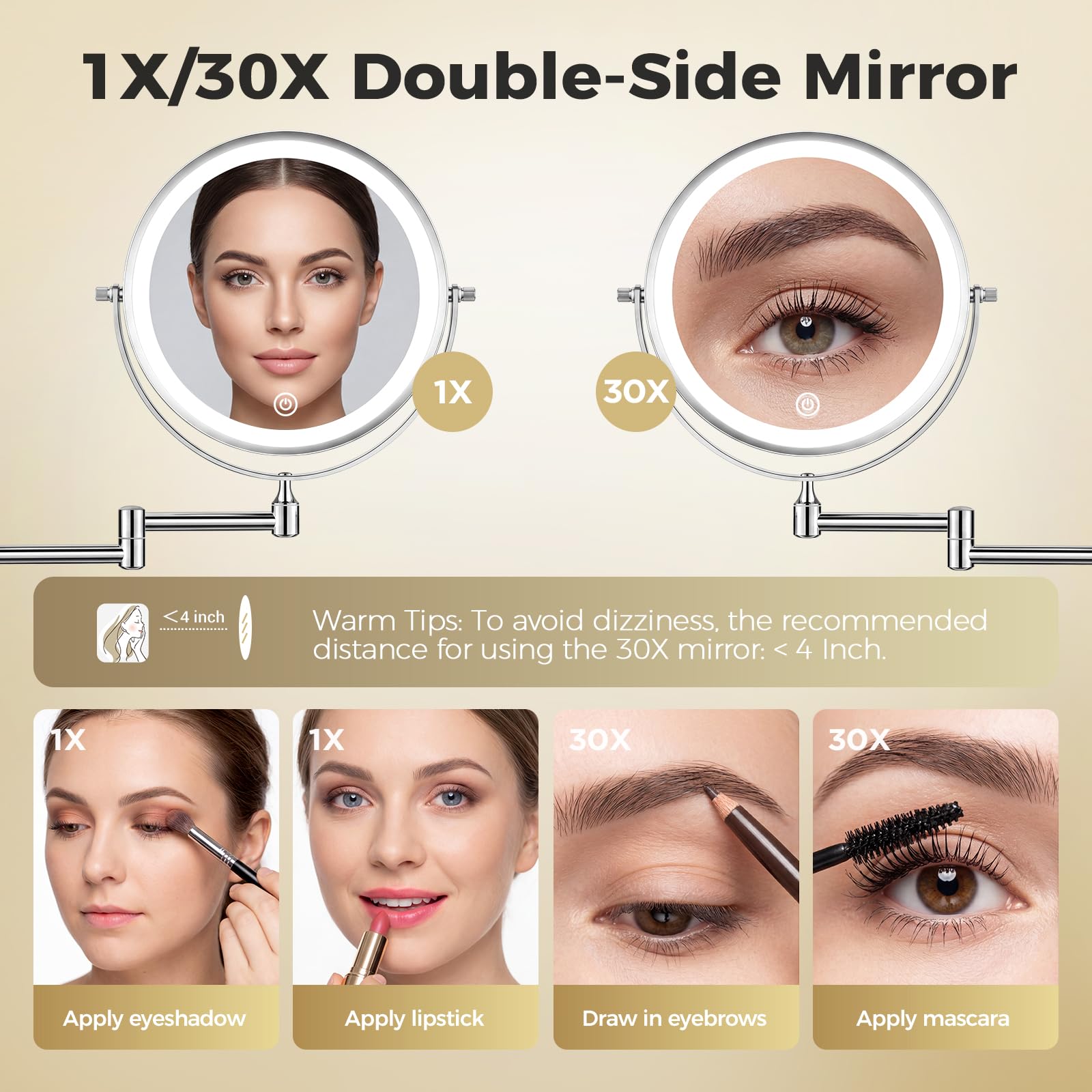 Wall Mounted Makeup Mirror, 8-Inch Double-Sided LED Mirror with 1X/30X Magnification