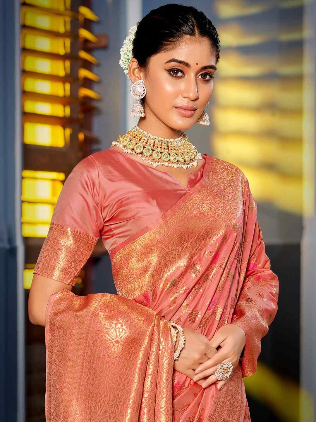 Shiv Textiles Women's Banrasi Silk Floral & zari Woven Saree(AUS-ASSWA1002-PEACH) 1