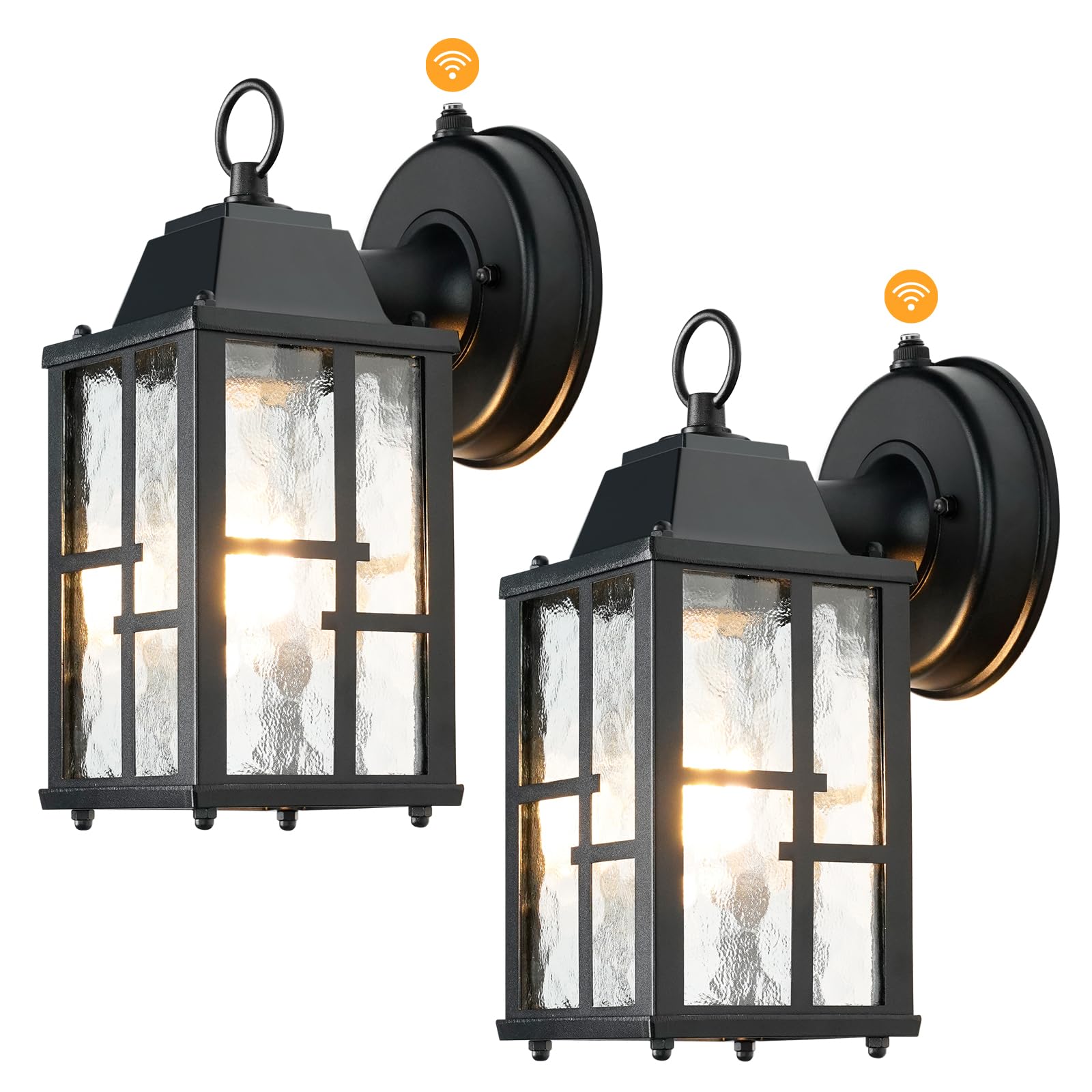 OKELI Dusk to Dawn Outdoor Wall Lights, Exterior Waterproof Lantern, Front Porch Sconce Lighting with Water Ripple Glass Shade, Anti-Rust Wall Lamps Outside Lights for Garage (Black-SIZE-S-2pack)