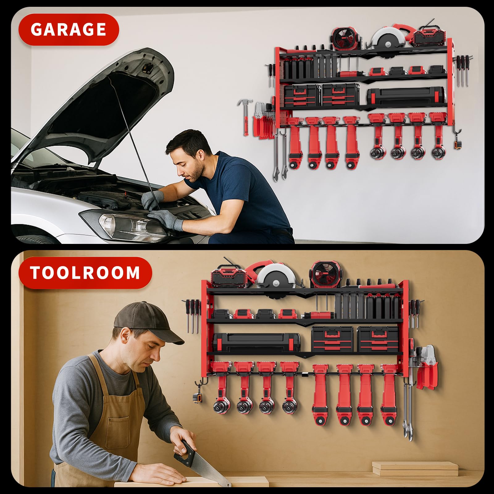 Support mural pour outils à 3 niveaux - Pour 8 outils électriques - Parfait pour les garages et les ateliers (81 x 42 x 20 cm)