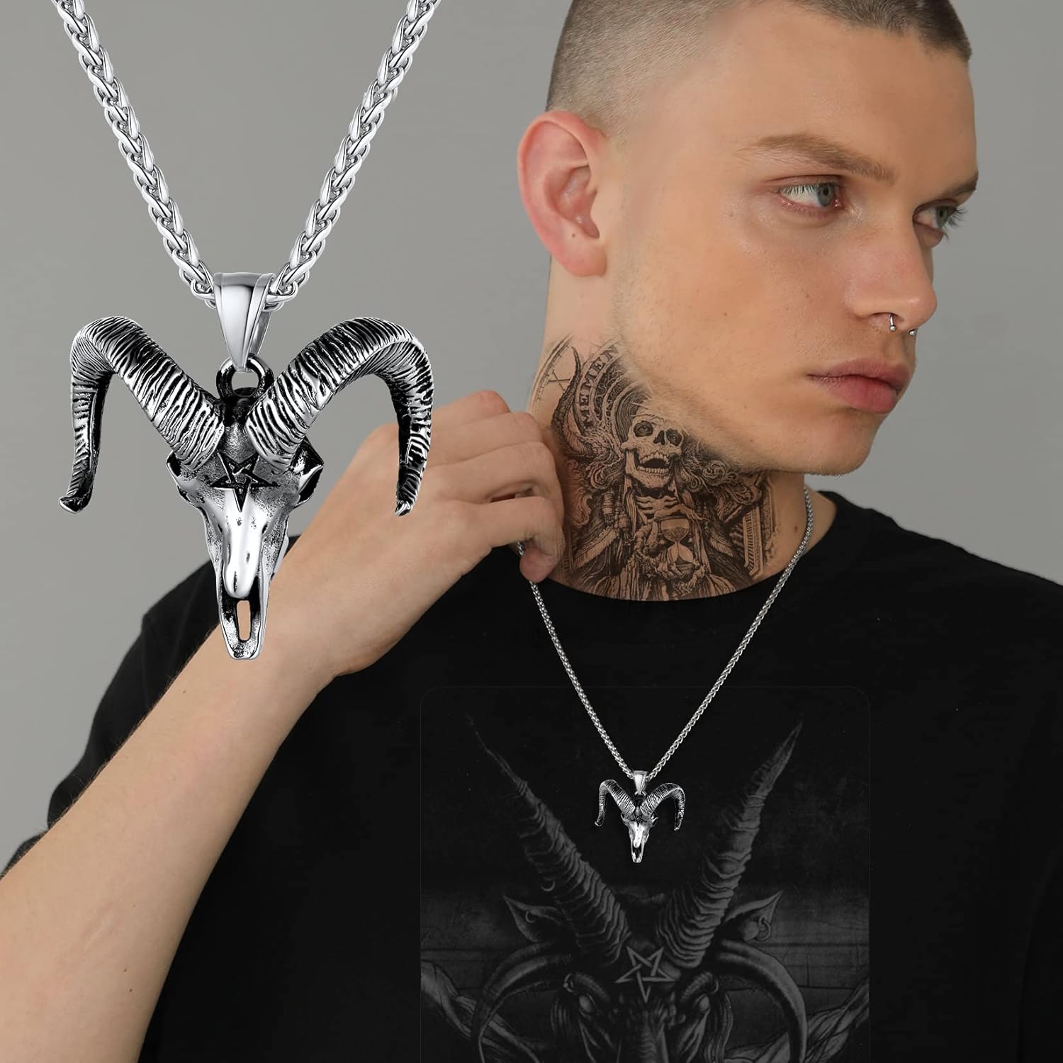 U7 Inverted Cross Necklace, Upside Down Cross Pendant, Stainless Steel Jewelry Devil Necklaces, Baphomet Goat Head Pendant for Men Women - Image 2
