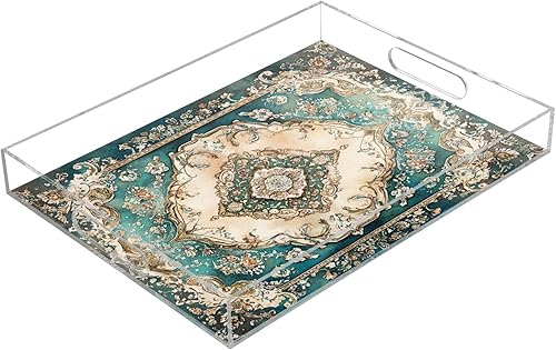 JIPONI Vintage Ethnic 1 Plastic Serving Trays, Decorative Serving Tray with Handles, Acrylic Storage Tray for Coffee Table, Bedroom, Bathroom,