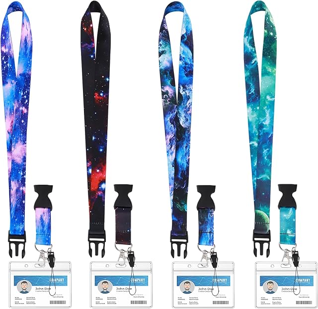 TIESOME Starry Sky Neck Lanyards, 4 Pcs Starry Sky Badge Lanyards with 4 Pcs Clear ID Card Holders, Starry Theme ID Card Strap with Detachable Buckle for Women, Men, Teacher, Nurse