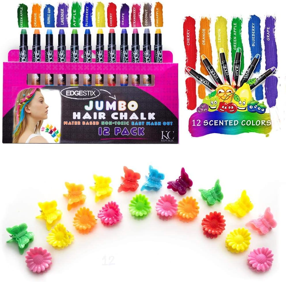 Hair Chalk for Kids Jumbo Hair Chalk Sticks Washable Hair Color Temporary Dye for Girls Safe Scented Rainbow Metallic Glitter Hair Birthday Cosplay DIY Halloween Christmas Gift 12 Colors