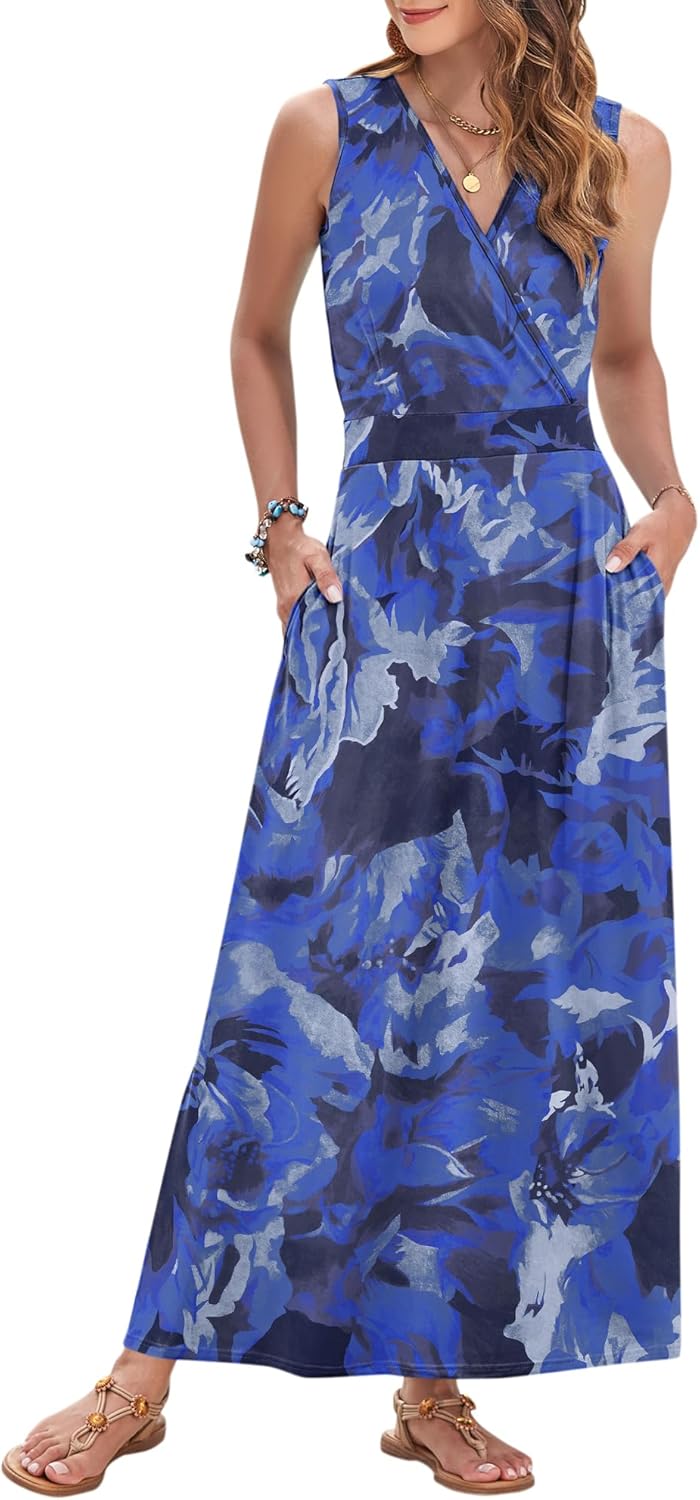 AUSELILY Women's Maxi Dress 2026 Summer Casual Sleeveless Sundress V Neck Wrap Vacation Cocktail Long Dresses with Pockets