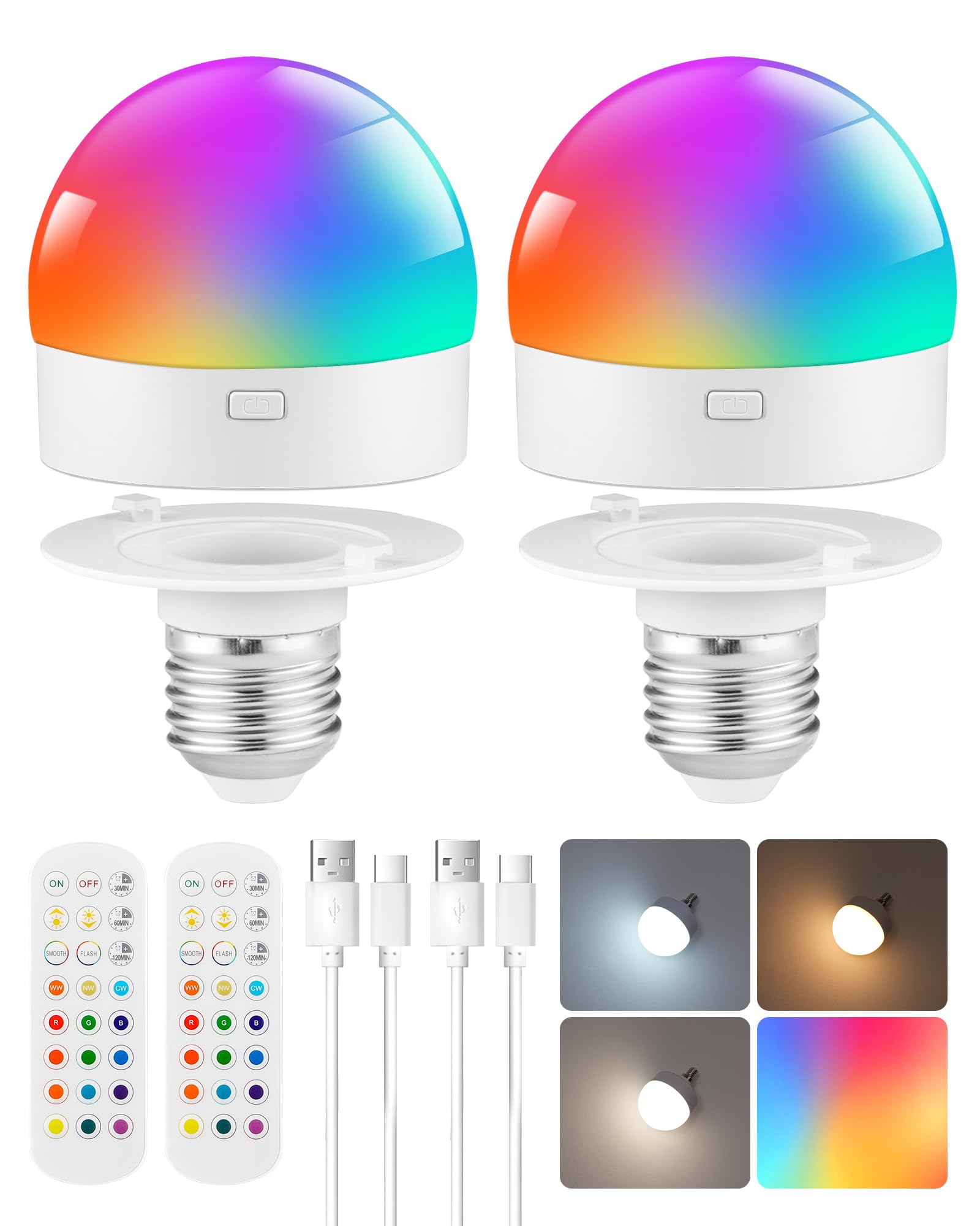 GOEBLESON 2 Pack Rechargeable RGB Light Bulbs, Battery Operated Light Bulbs with Remote, 3 Colour Temperatures, 12 RGB Colours, for Stairway, Entryway, Corridor, Bedroom, Living Room ZR08YBKP205 โ image 1