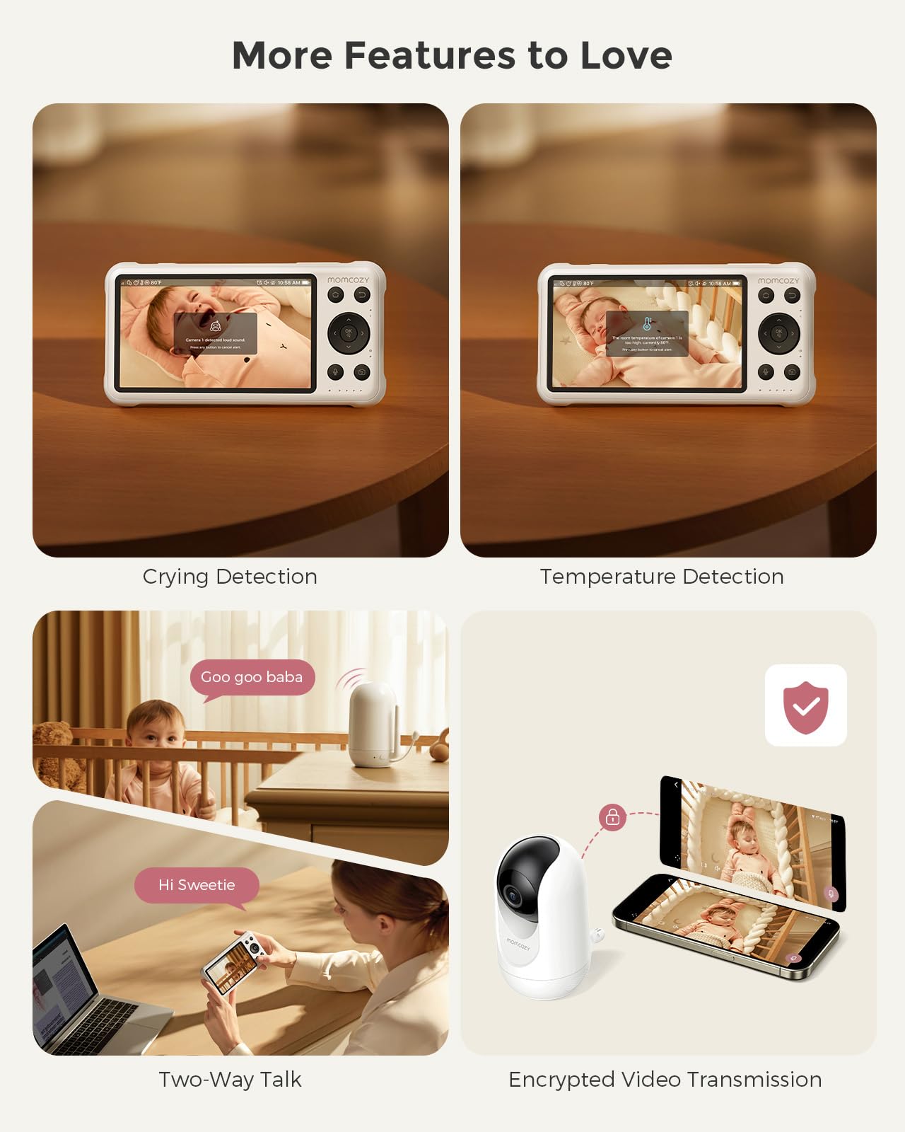 Momcozy BM04 elektroniczna niania z 2 kamerami, inteligentny monitor Wi-Fi, ekran 1080p, kamera dla niemowląt z uchwytem ściennym, rozpoznawaniem ruchu i pisania, strefa bezpieczeństwa, wyraźna