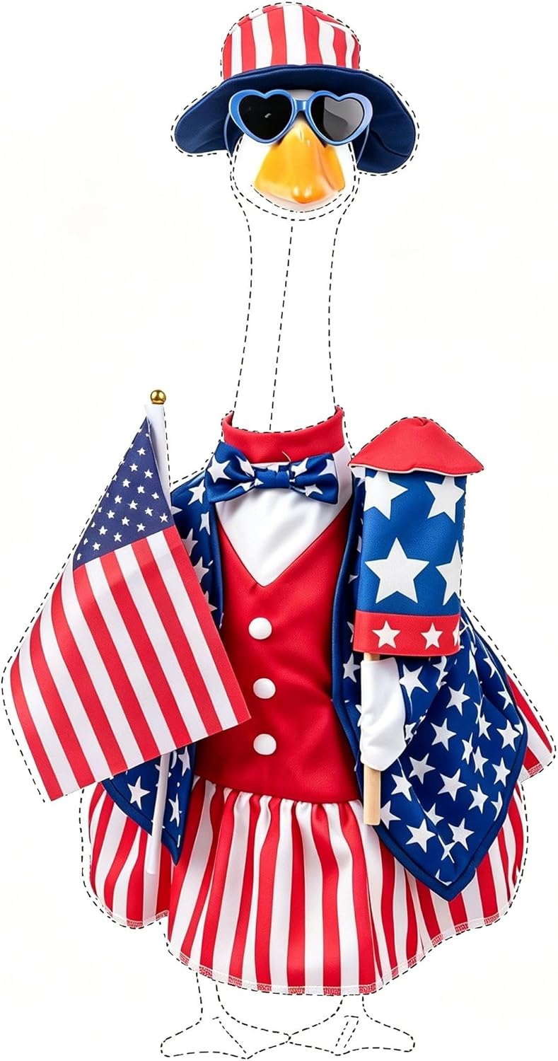 4th of July Porch Goose Outfits for 23 Inch Lawn Statue, Patriotic Costume for Cement Statue Sculpture Clothes for Garden Patio USA Anniversary Decoration