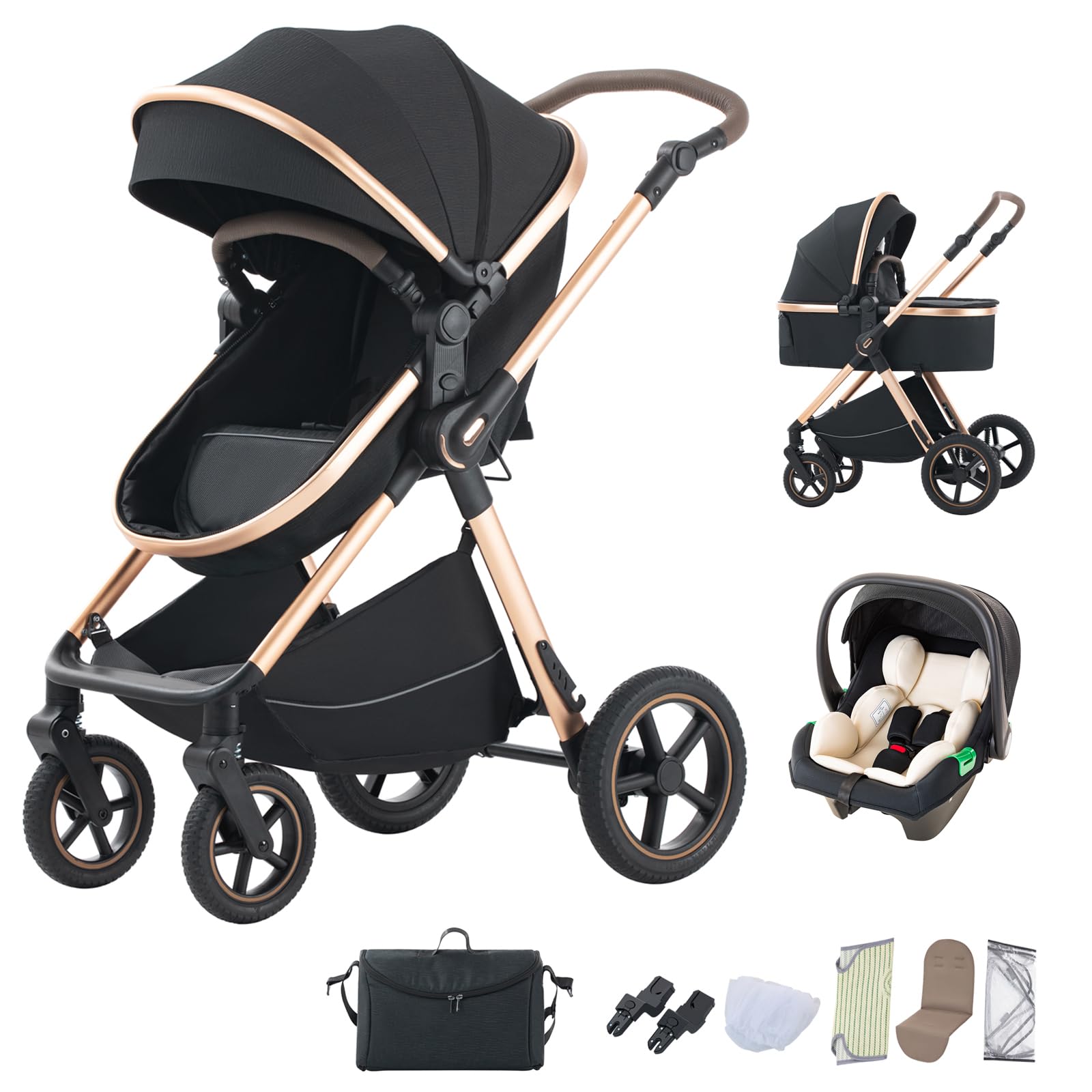 BEBBY 3-in-1 Kinderwagen KombiKinderwagen-Set 2-in-1 Buggy faltbar Luxus Hochlandschaft Neugeborenes Tragbarer Zusammenklappbarer Kinderwagen Travel System (D2-Black., H2-D)