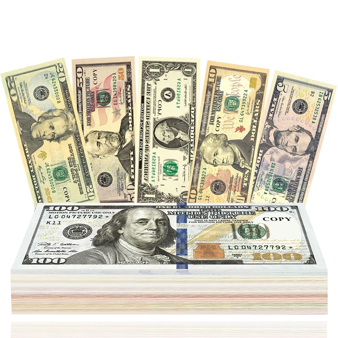 120 arkuszy Scratch Cash, symulowane dolary, zestaw monet do gry, 20 x 1 $, 5$, 10$, 20 $, 50 $, 100 $, pieniądze z filmu Dolar, Playset gotówkowy na rekwizyty kinowe, gry kasynowe