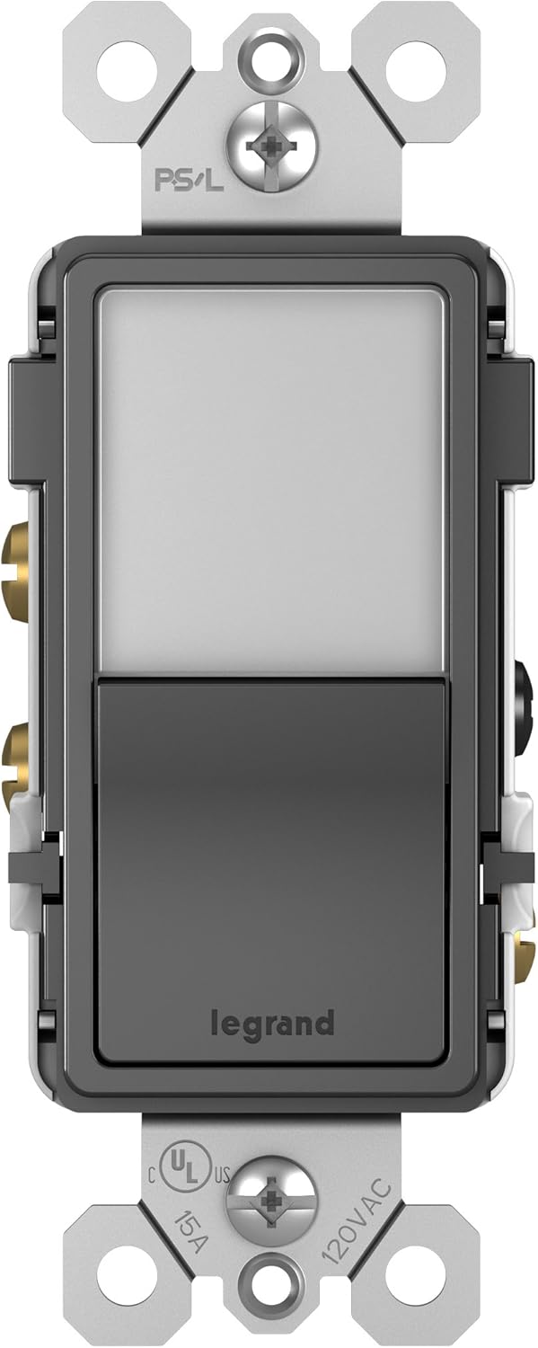 Legrand radiant NTL873BKCC6 15 Amp Combination Adjustable LED Night Light and 3-Way Decorator Rocker Switch for Hallways or Kids Bedrooms, Black (1 Count)