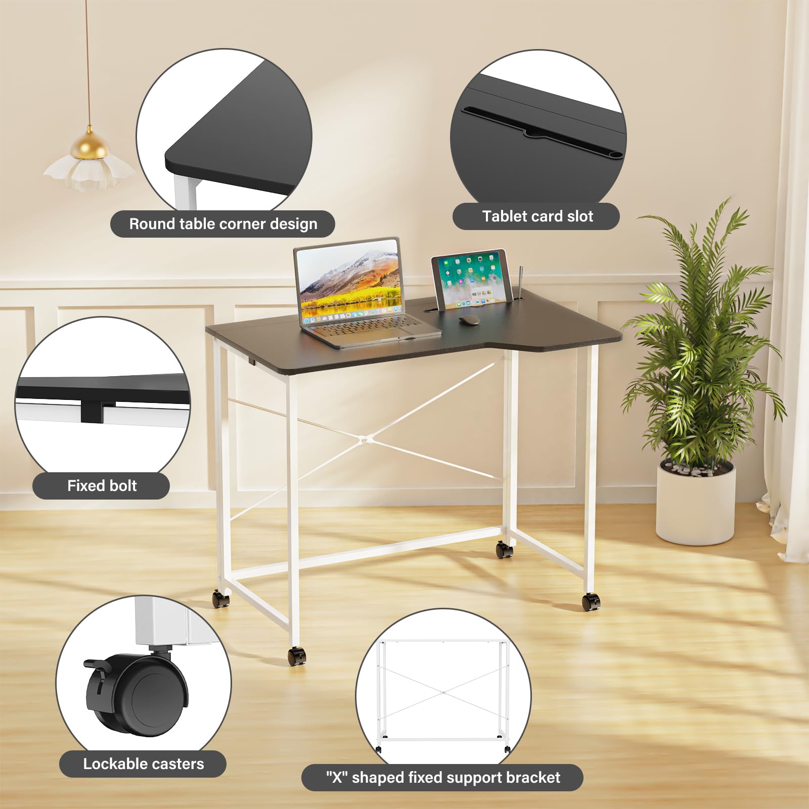 Klappbarer Schreibtisch mit Rollen, Klapptisch Computertisch mit Kartenschlitzen, Platzsparend und Mobiler, Geeignet für Heimbüro und Arbeitszimmer (Schwarz, 90x56x76cm)