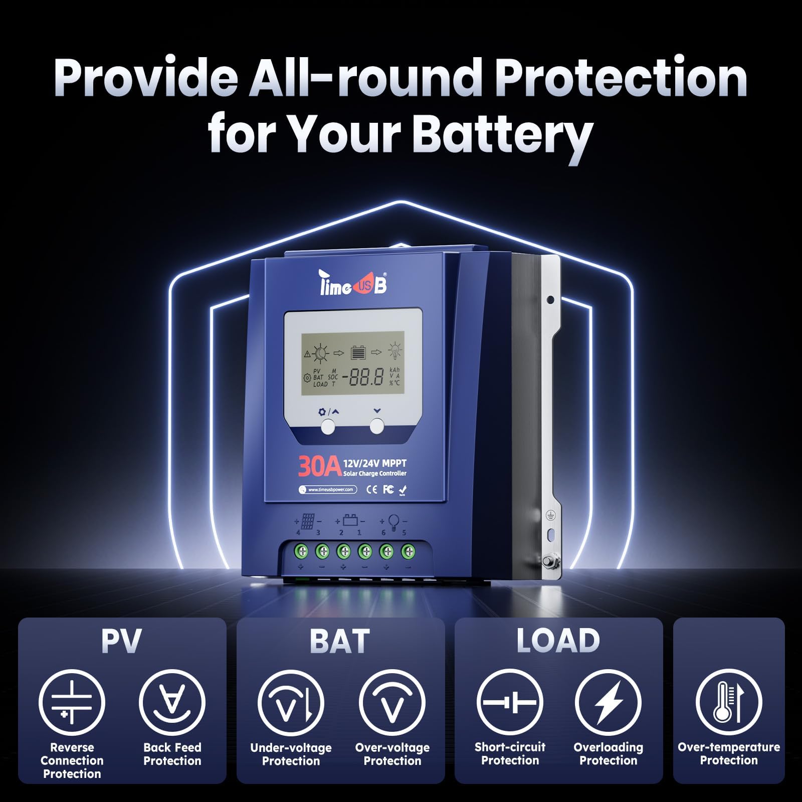 Timeusb Controlador de carga solar MPPT de 30 amperios, 12 V/24 V, entrada de CC automática, eficiencia de seguimiento del 99% MPPT y carga rápida, controlador MPPT de 50 V con pantalla LCD para