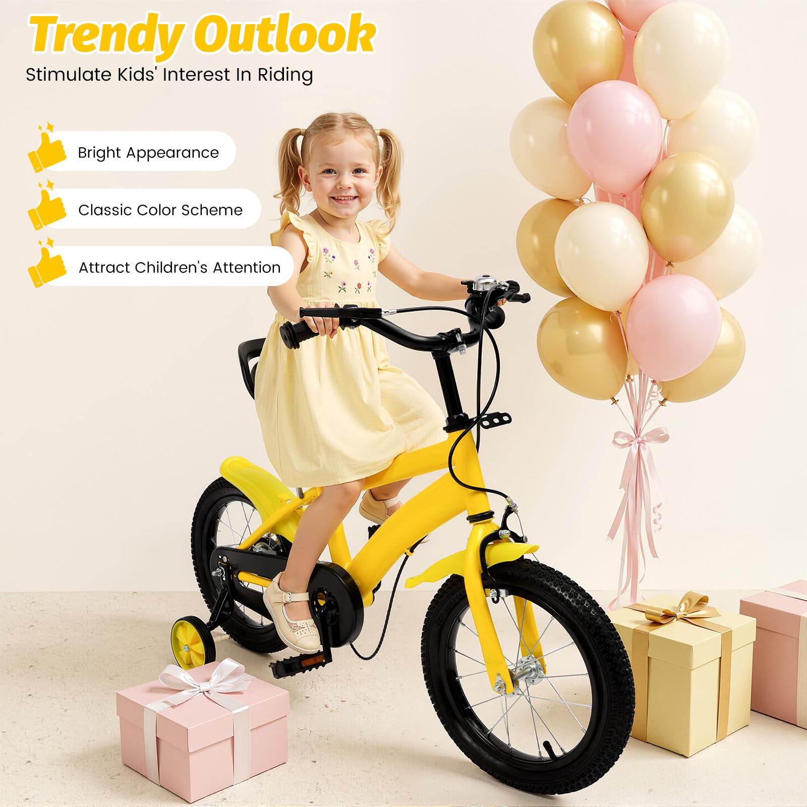 Bicicleta infantil de 14 pulgadas de altura ajustable a partir de 3 años, bicicleta segura con ruedas estabilizadoras y sistema de doble freno, para niños y niñas, perfecta para entrenamiento